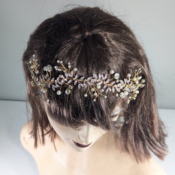 Summer Goddess bridal headband, wedding accessory hairstyle gold pearl crystals - Picture 3 of 11